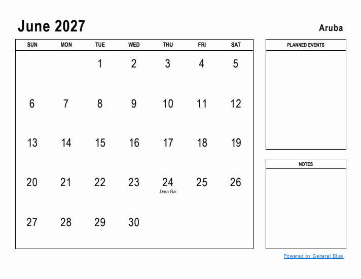 June 2027 Printable Monthly Calendar with Aruba Holidays