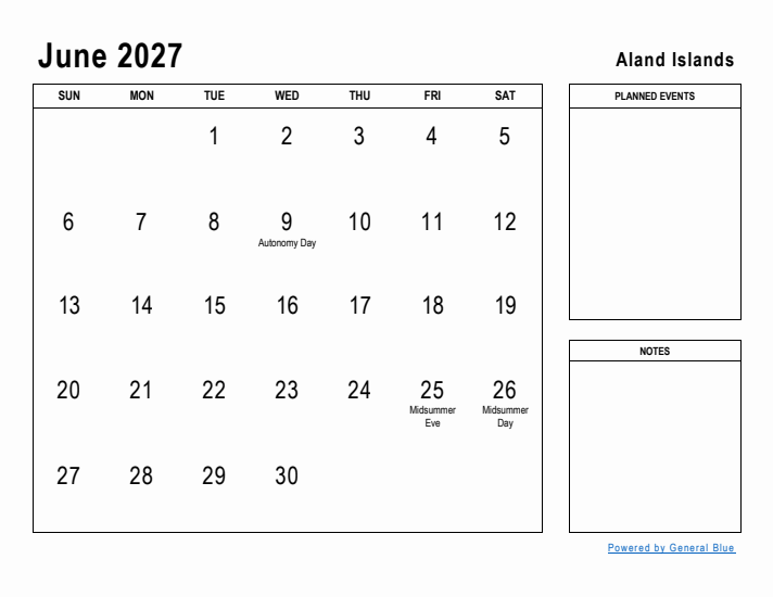 June 2027 Printable Monthly Calendar with Aland Islands Holidays