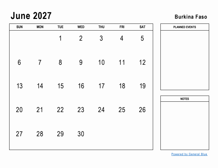 June 2027 Printable Monthly Calendar with Burkina Faso Holidays