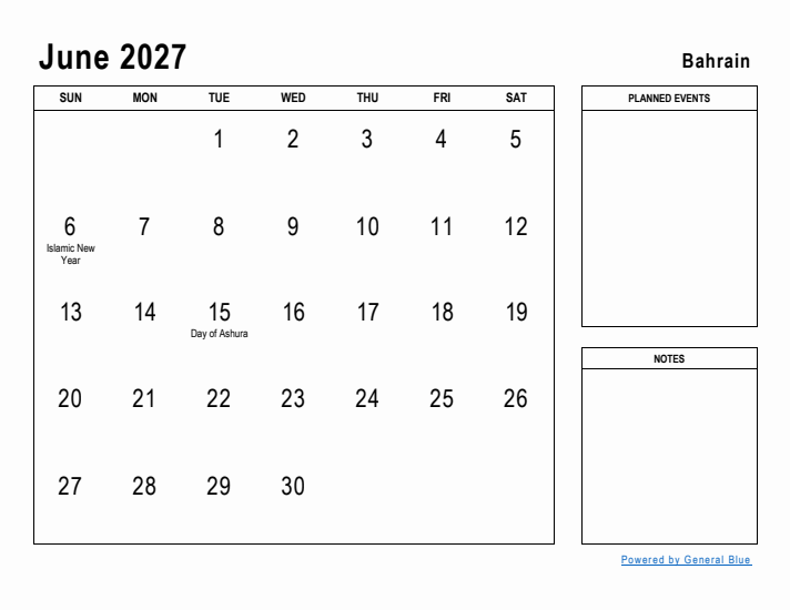 June 2027 Printable Monthly Calendar with Bahrain Holidays