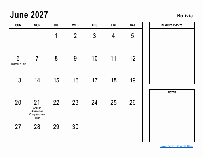 June 2027 Printable Monthly Calendar with Bolivia Holidays