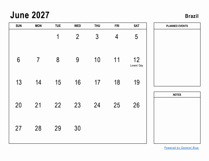 June 2027 Printable Monthly Calendar with Brazil Holidays