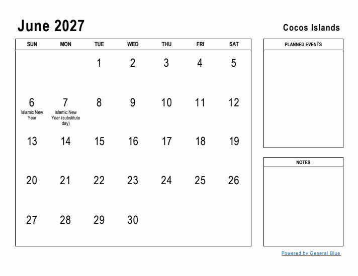 June 2027 Printable Monthly Calendar with Cocos Islands Holidays