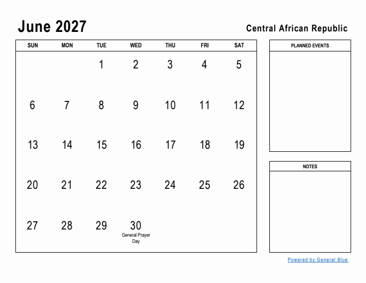 June 2027 Printable Monthly Calendar with Central African Republic Holidays