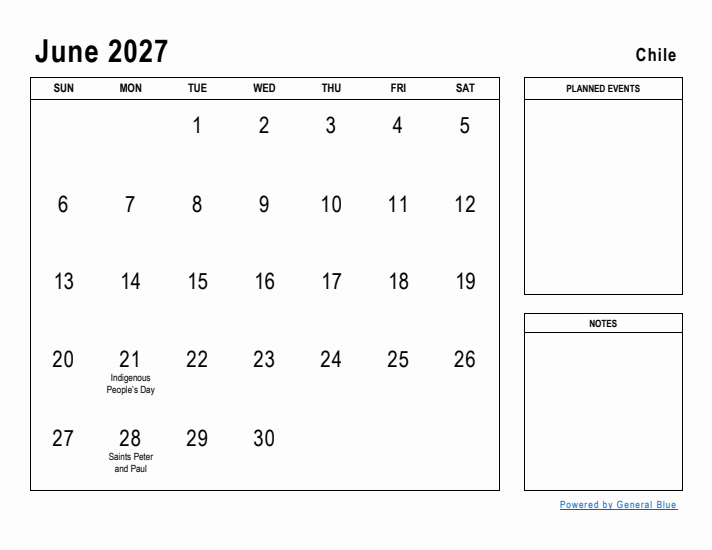 June 2027 Printable Monthly Calendar with Chile Holidays