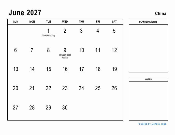 June 2027 Printable Monthly Calendar with China Holidays