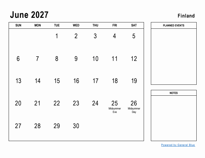 June 2027 Printable Monthly Calendar with Finland Holidays