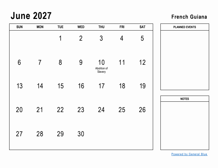 June 2027 Printable Monthly Calendar with French Guiana Holidays