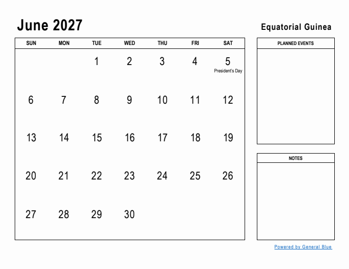 June 2027 Printable Monthly Calendar with Equatorial Guinea Holidays