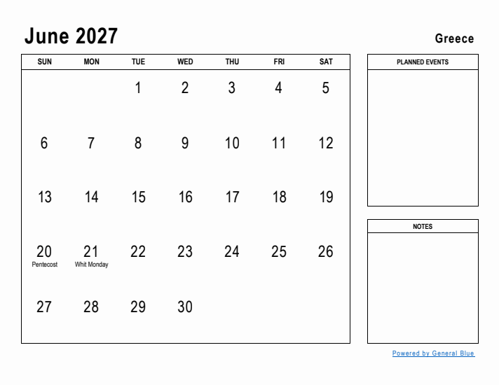 June 2027 Printable Monthly Calendar with Greece Holidays