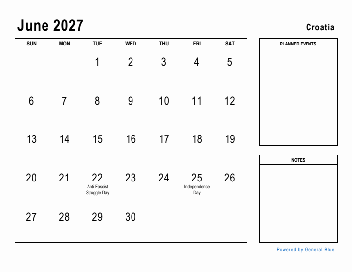 June 2027 Printable Monthly Calendar with Croatia Holidays