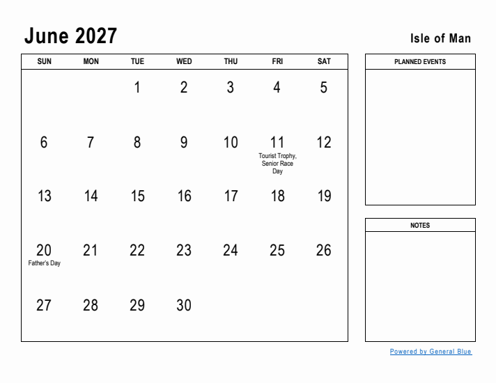 June 2027 Printable Monthly Calendar with Isle of Man Holidays