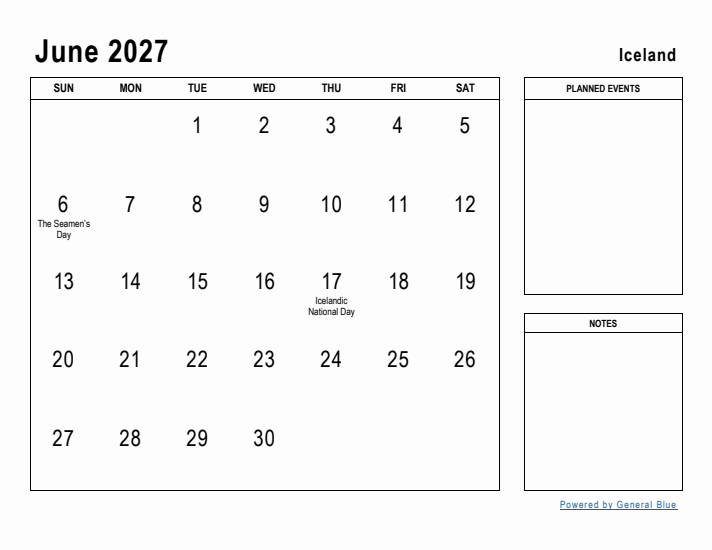 June 2027 Printable Monthly Calendar with Iceland Holidays