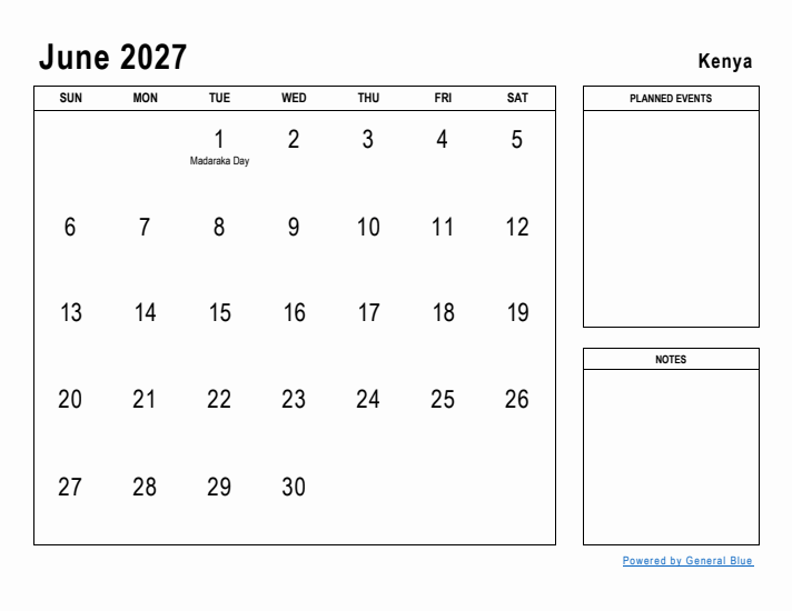 June 2027 Printable Monthly Calendar with Kenya Holidays