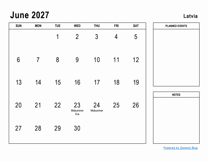 June 2027 Printable Monthly Calendar with Latvia Holidays