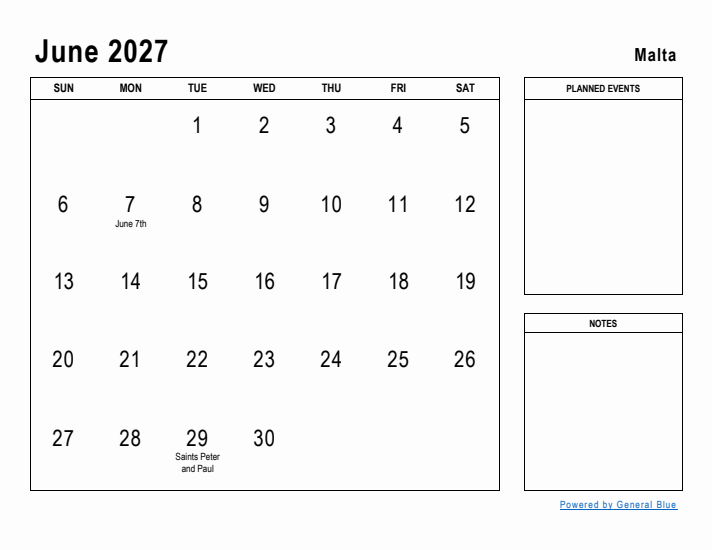 June 2027 Printable Monthly Calendar with Malta Holidays