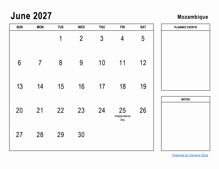 June 2027 Printable Monthly Calendar with Mozambique Holidays