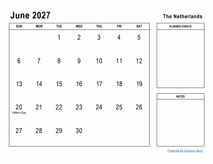 June 2027 Printable Monthly Calendar with The Netherlands Holidays