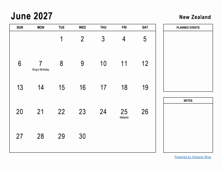 June 2027 Printable Monthly Calendar with New Zealand Holidays