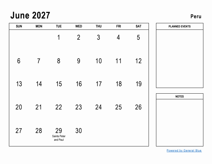 June 2027 Printable Monthly Calendar with Peru Holidays