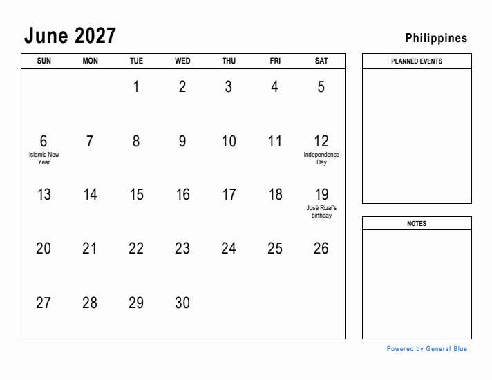 June 2027 Printable Monthly Calendar with Philippines Holidays