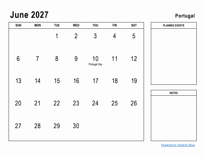 June 2027 Printable Monthly Calendar with Portugal Holidays