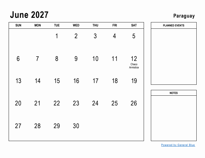 June 2027 Printable Monthly Calendar with Paraguay Holidays