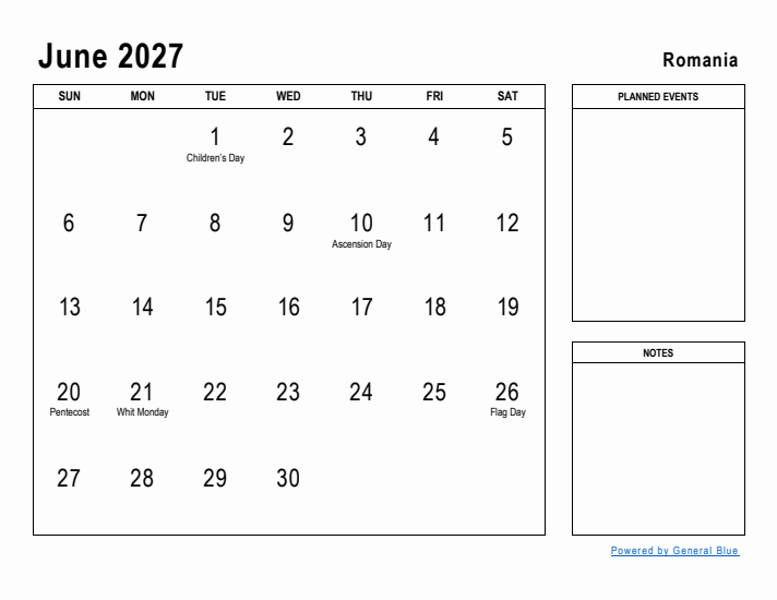 June 2027 Printable Monthly Calendar with Romania Holidays