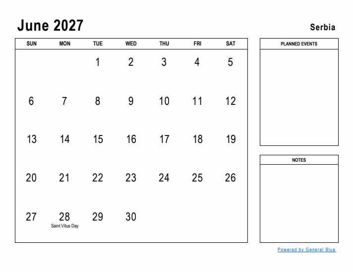 June 2027 Printable Monthly Calendar with Serbia Holidays