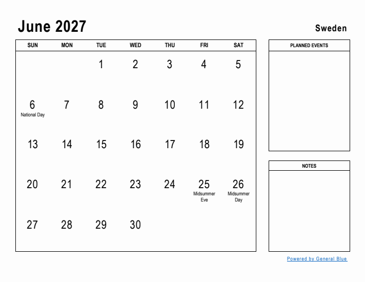 June 2027 Printable Monthly Calendar with Sweden Holidays