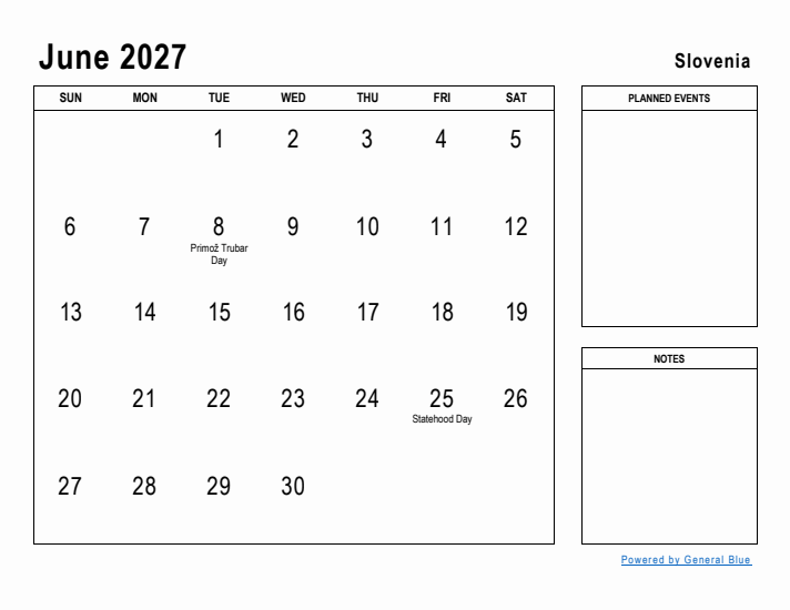 June 2027 Printable Monthly Calendar with Slovenia Holidays