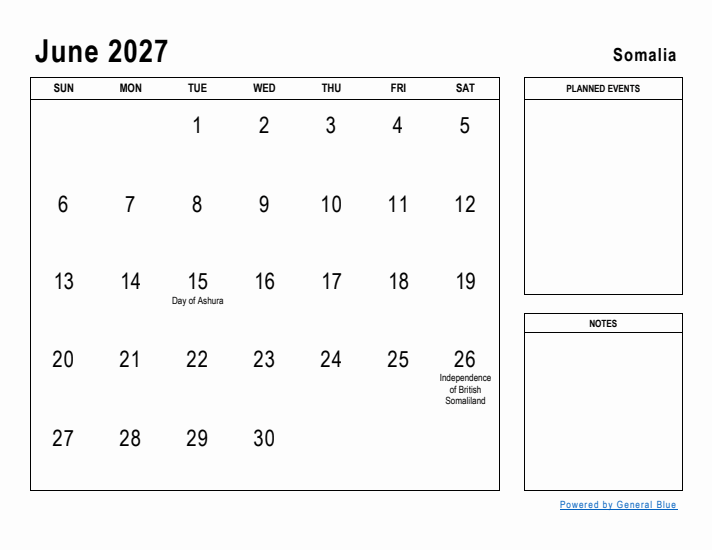 June 2027 Printable Monthly Calendar with Somalia Holidays