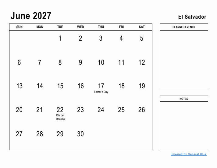 June 2027 Printable Monthly Calendar with El Salvador Holidays