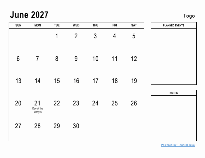 June 2027 Printable Monthly Calendar with Togo Holidays