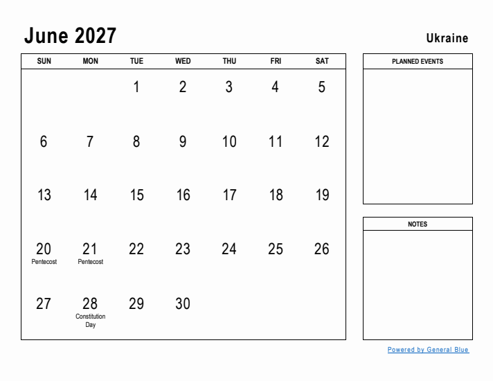 June 2027 Printable Monthly Calendar with Ukraine Holidays