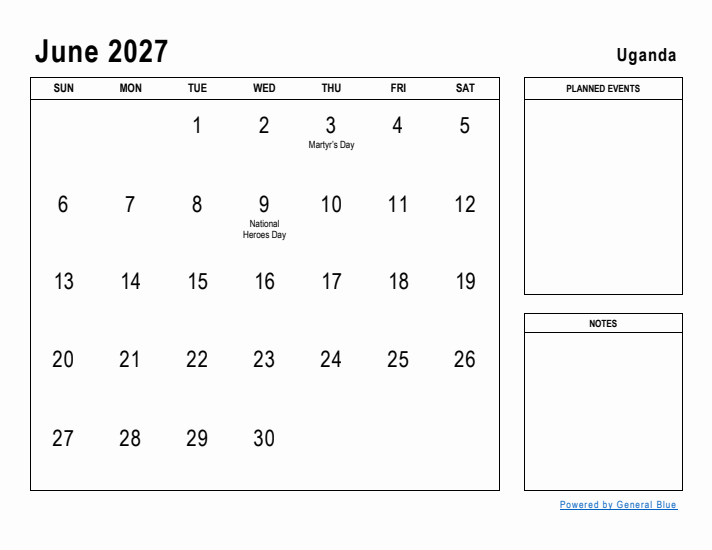 June 2027 Printable Monthly Calendar with Uganda Holidays