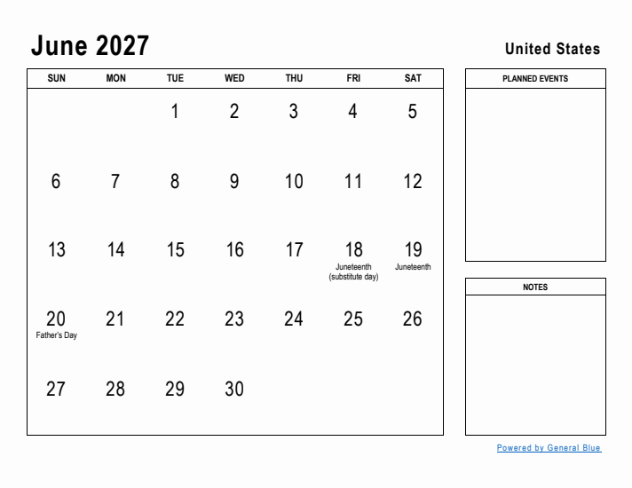 June 2027 Printable Monthly Calendar with United States Holidays