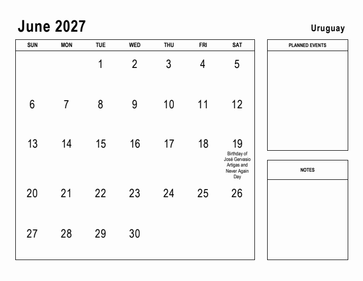 June 2027 Printable Monthly Calendar with Uruguay Holidays