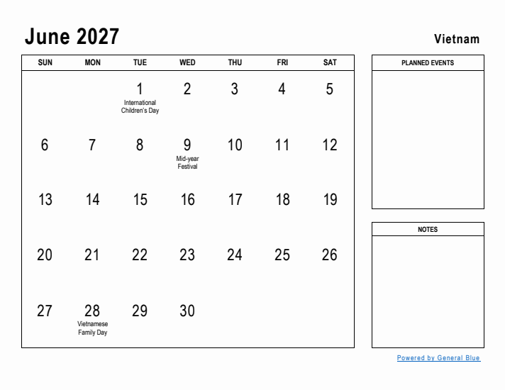 June 2027 Printable Monthly Calendar with Vietnam Holidays