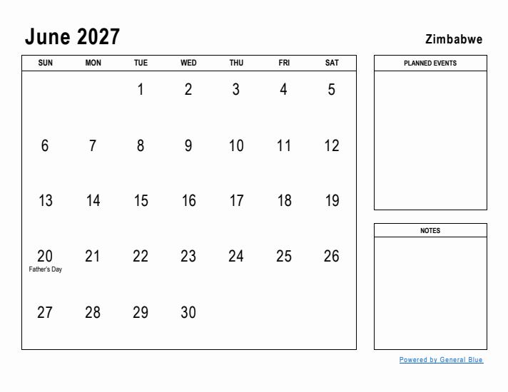 June 2027 Printable Monthly Calendar with Zimbabwe Holidays