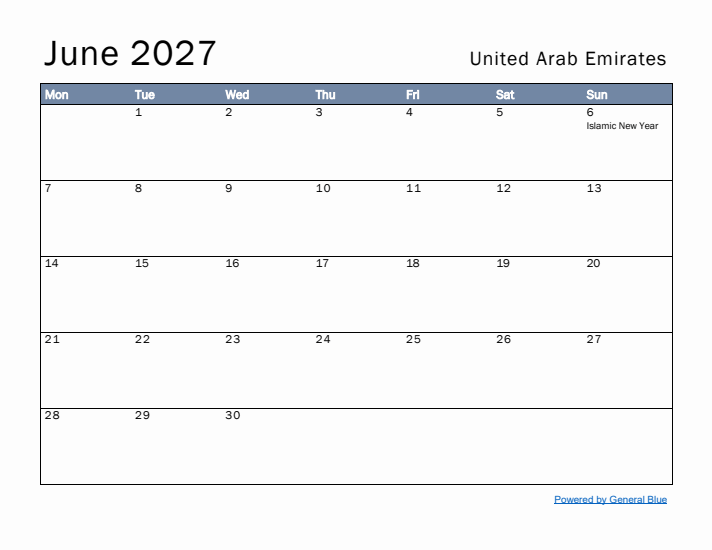 June 2027 Simple Monthly Calendar for United Arab Emirates