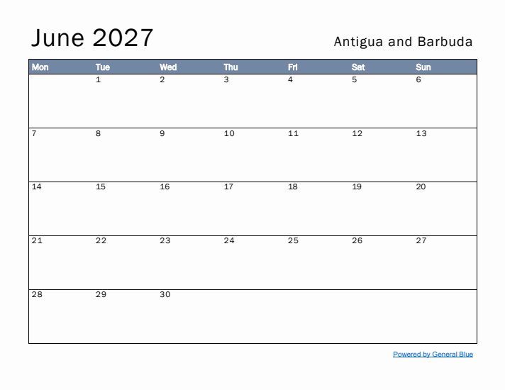 June 2027 Simple Monthly Calendar for Antigua and Barbuda