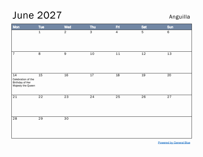 June 2027 Simple Monthly Calendar for Anguilla