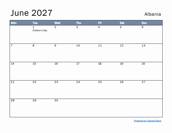 June 2027 Simple Monthly Calendar for Albania