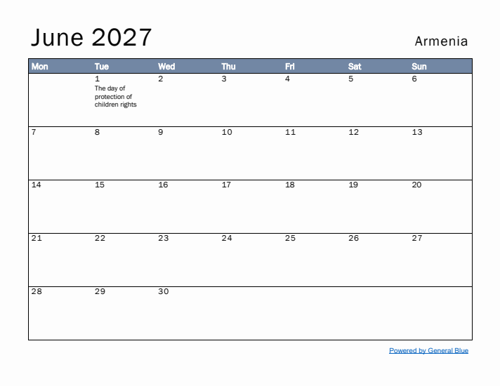 June 2027 Simple Monthly Calendar for Armenia