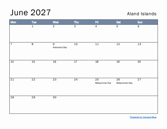 June 2027 Simple Monthly Calendar for Aland Islands