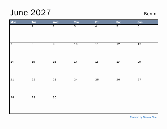 June 2027 Simple Monthly Calendar for Benin