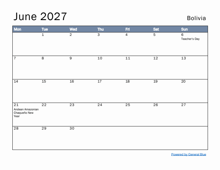 June 2027 Simple Monthly Calendar for Bolivia