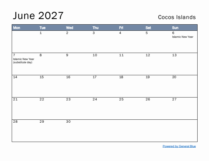 June 2027 Simple Monthly Calendar for Cocos Islands