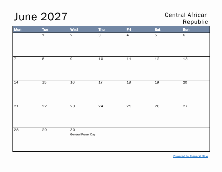 June 2027 Simple Monthly Calendar for Central African Republic